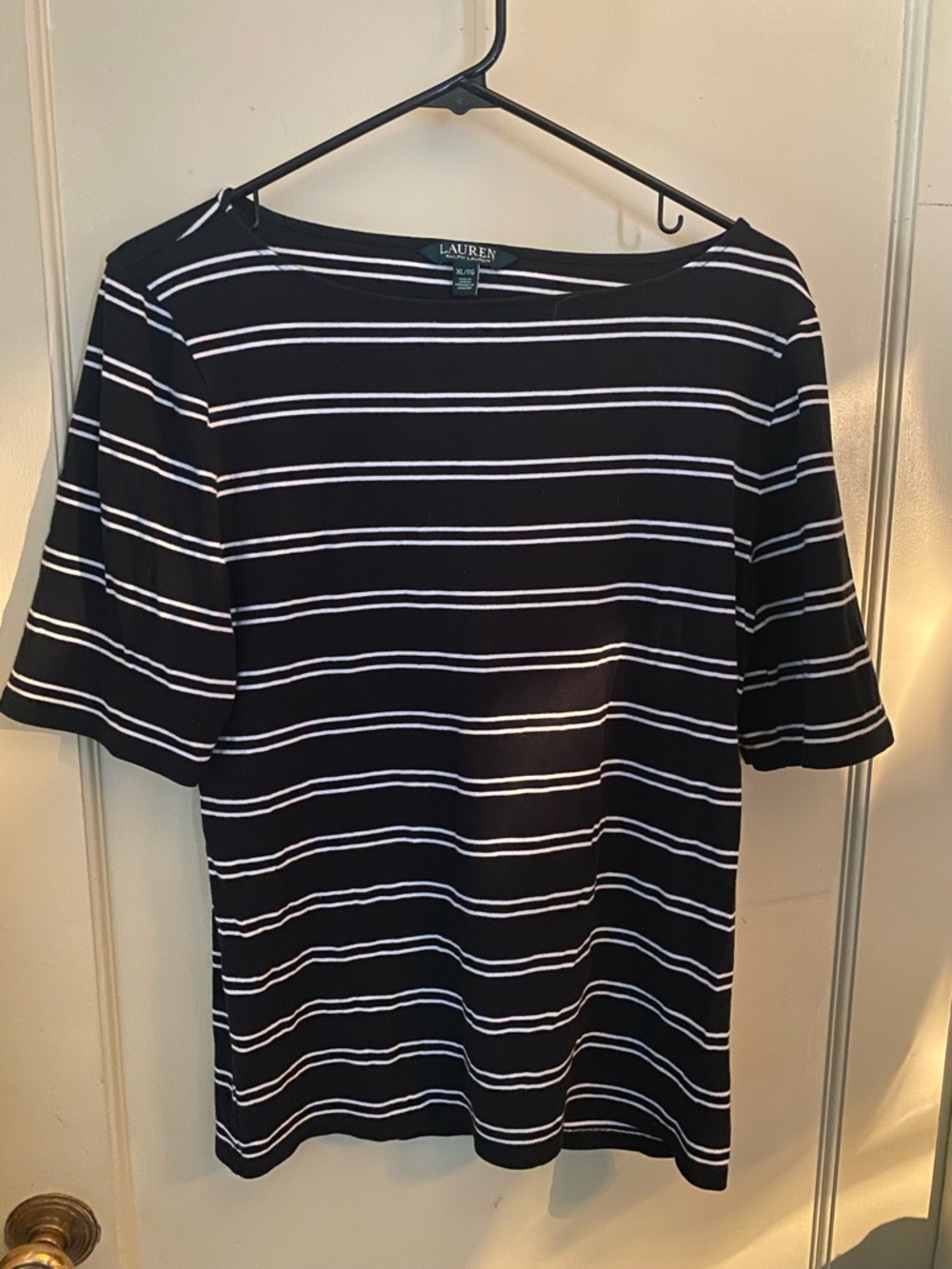 Lauren Ralph Lauren Black and White Striped Short Sleeve Boatneck Top